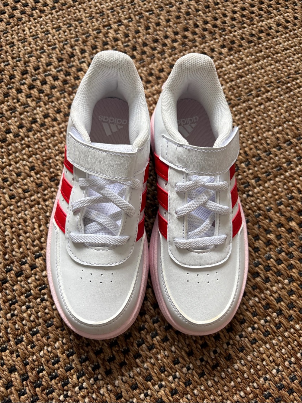 adidas Kids White Sneakers with Red Stripes and Pink Sole